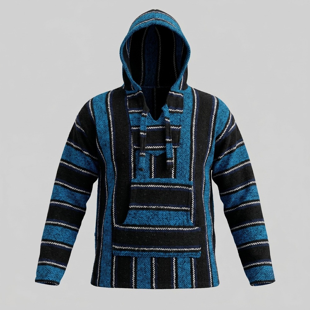 Artesanias Mickey Mens Large Blue Baja Hoodie Pullover Striped Mexican Jerga